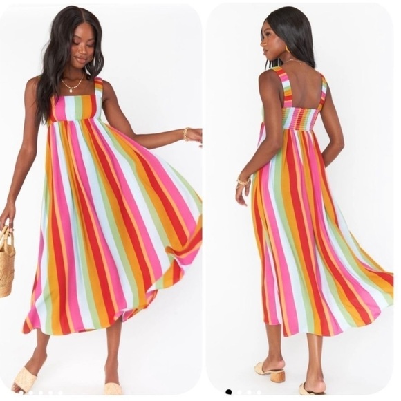 Show Me Your Mumu Vibrant Colorful Stripe Fling Midi Dress In Getaway Stripe - Picture 2 of 8